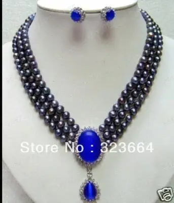 Hot Sell ! black 6-7mm pearl necklace blue pendant earring