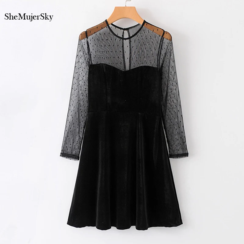 SheMujerSky Mesh Spliced Velvet Dress Sexy Autumn Long Sleeve Mini Dresses O-neck vestido de festa curto
SheMujerSky Mesh Spliced Velvet Dress Sexy Autumn Long Sleeve Mini Dresses O-neck vestido de festa curto