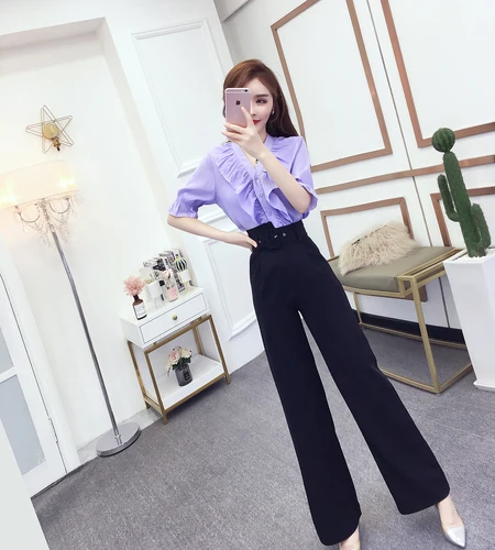 

Casual Korean Flarre Sleeve Women's Sets V Neck Single Breasted Fashion Conjunto Feminino High Waist Wide Leg Pants Twinset