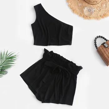 

ZAFUL Ribbed Belted Shorts Set Ruffle Shorts One Shoulder Paperbag High Waist Crop Top Knotted Women Sleeveless Solid Twinset