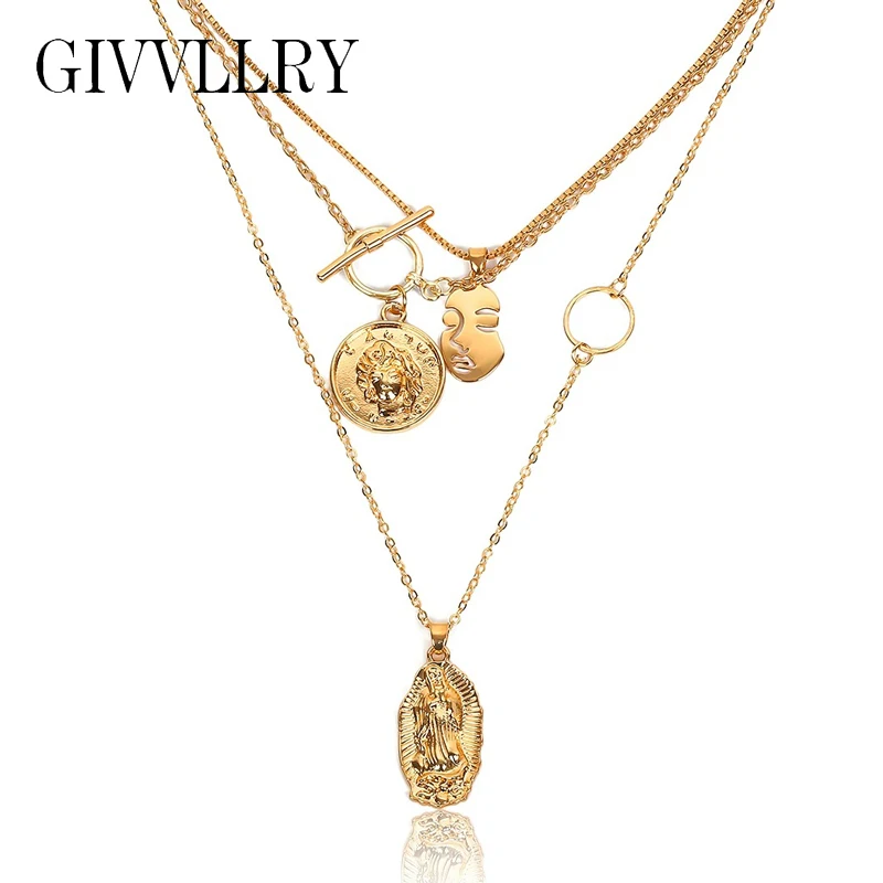 

GIVVLLRY Multilayered Gold Chains Necklaces for Women Vintage Virgin Mary Figure Coin Face Geometric Pendant Necklace Jewelry