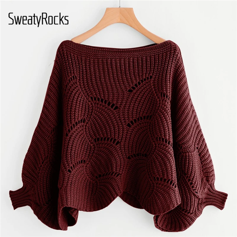 

SweatyRocks Burgundy Eyelet Detail Scallop Trim Oversized Sweater Batwing Sleeve Boat Neck 2018 New Autumn Lady Women Sweaters