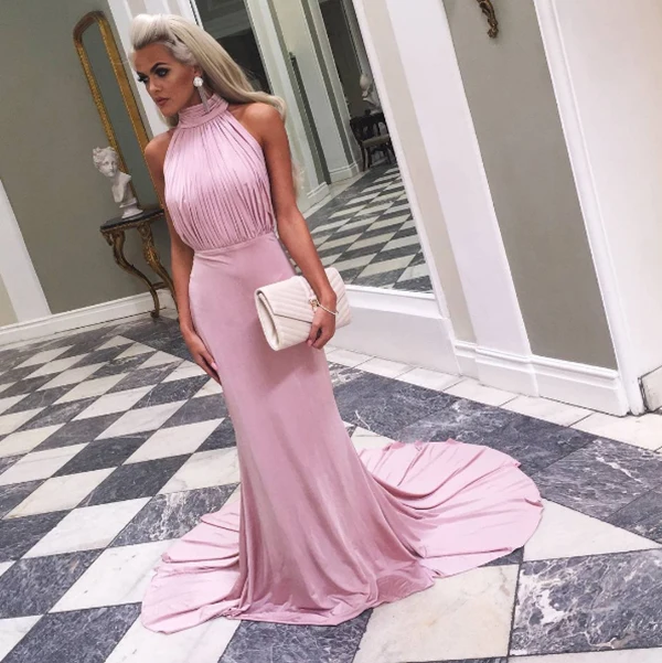 Sexy Pink Mermaid Satin Prom Dress Long Halter Open Back Women Plus Size Formal Evening Dresses Custom Gala Special Event Gowns 
Sexy Pink Mermaid Satin Prom Dress Long Halter Open Back Women Plus Size Formal Evening Dresses Custom Gala Special Event Gowns