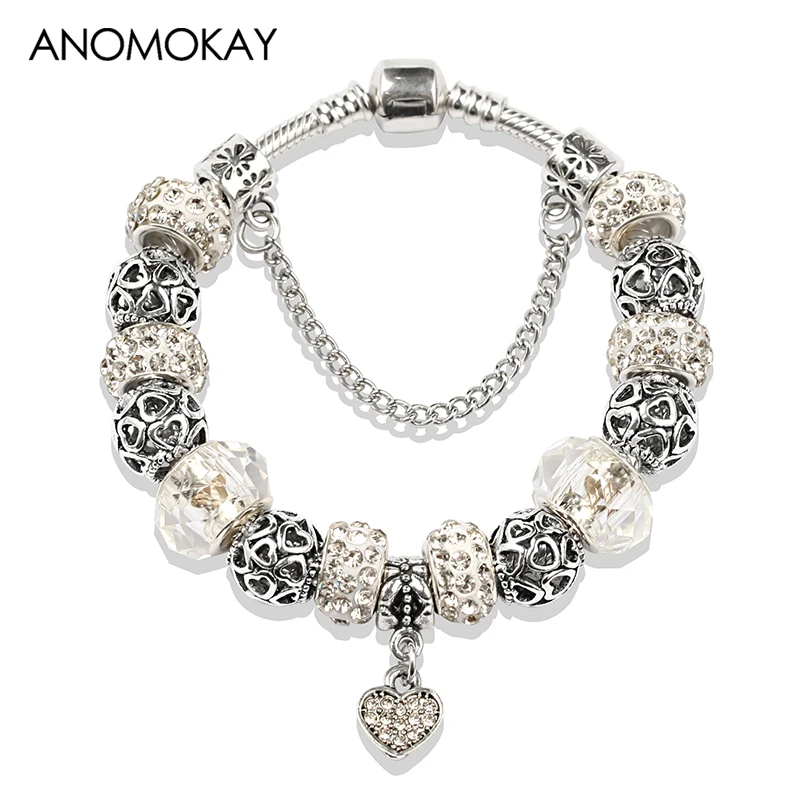 2019 New Arrival Classic White Crystal Glass Bead Pan Bracelet & Bangle Vintage Silver Heart Casual Diy Charm Bracelet Gift 
2019 New Arrival Classic White Crystal Glass Bead Pan Bracelet & Bangle Vintage Silver Heart Casual Diy Charm Bracelet Gift