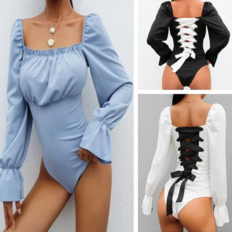 Sexy Backless Panelled Lace Up Square Collar Lolita Style Bodysuits Women 2019 Long Flare Sleeve Open Crotch Bodysuit
Sexy Backless Panelled Lace Up Square Collar Lolita Style Bodysuits Women 2019 Long Flare Sleeve Open Crotch Bodysuit