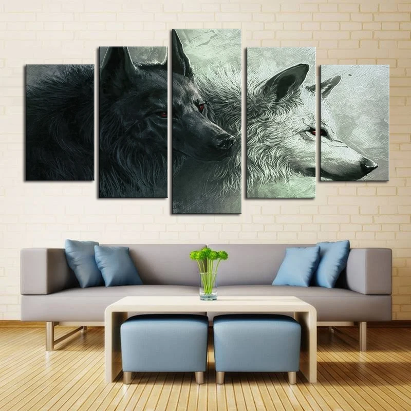 Image Wall Art Print Poster 5 pieces Couple Wolf Oil Painting on Canvas Framed Wolf Art Pictures