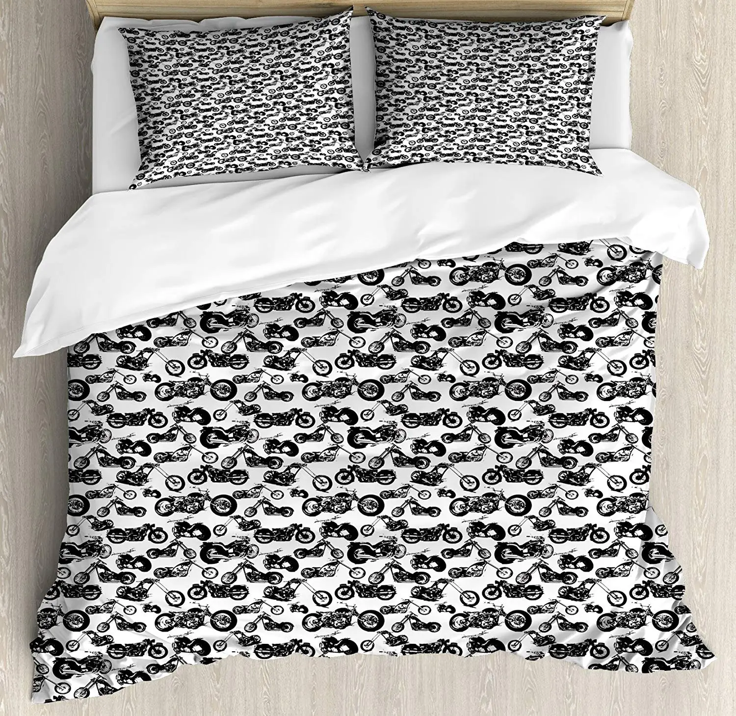 Motorcycle Duvet Cover Set, Retro Chopper Pattern Monochrome Motorbike Design Adventure Cruising Theme 4 Piece Bedding Set
Motorcycle Duvet Cover Set, Retro Chopper Pattern Monochrome Motorbike Design Adventure Cruising Theme 4 Piece Bedding Set