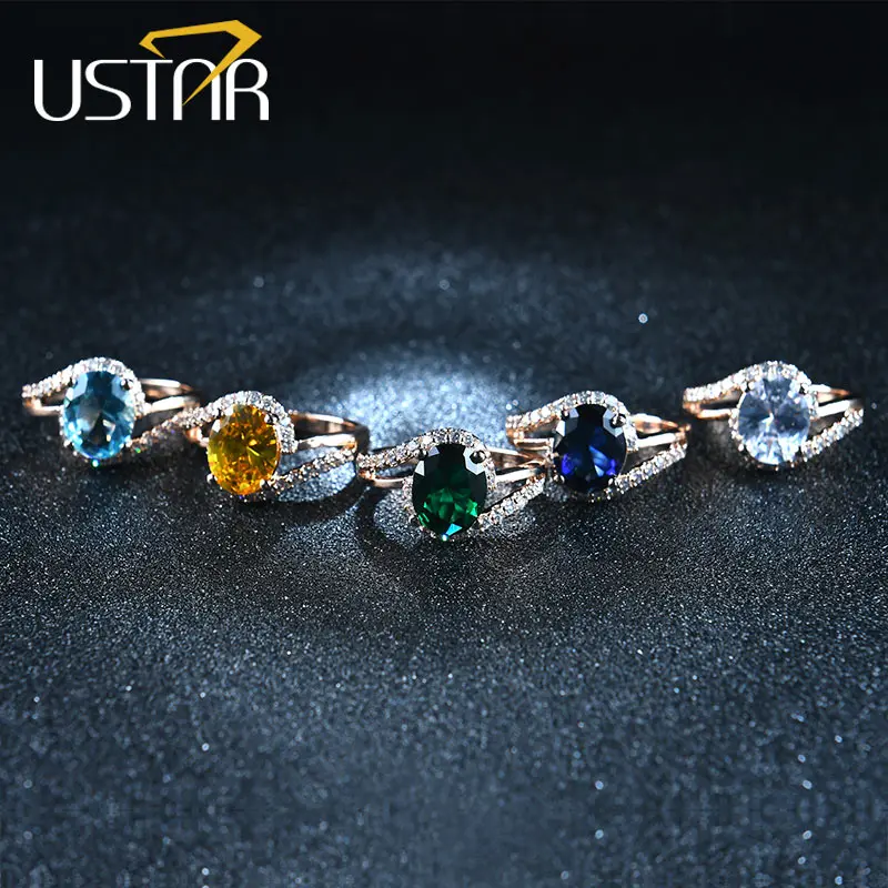 Женские свадебные кольца USTAR Овальные зеленые с фианитами 2.0ct цвета розового