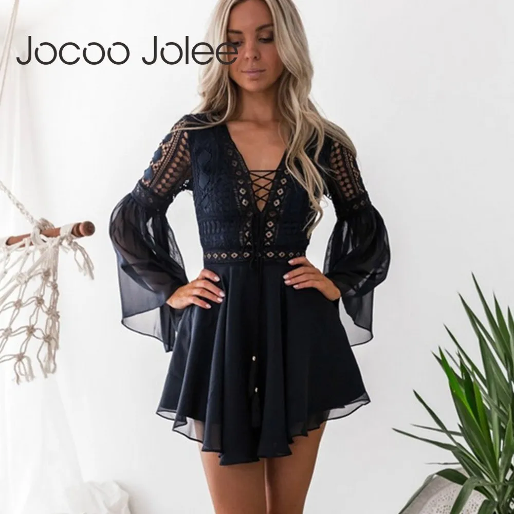 Jocoo Jolee Elegant Hollow Out Lace Dress Sexy Women V Neck Cross Lace Up Flare Sleeve A-Line Dresses Casual Short Mini Dress
Jocoo Jolee Elegant Hollow Out Lace Dress Sexy Women V Neck Cross Lace Up Flare Sleeve A-Line Dresses Casual Short Mini Dress