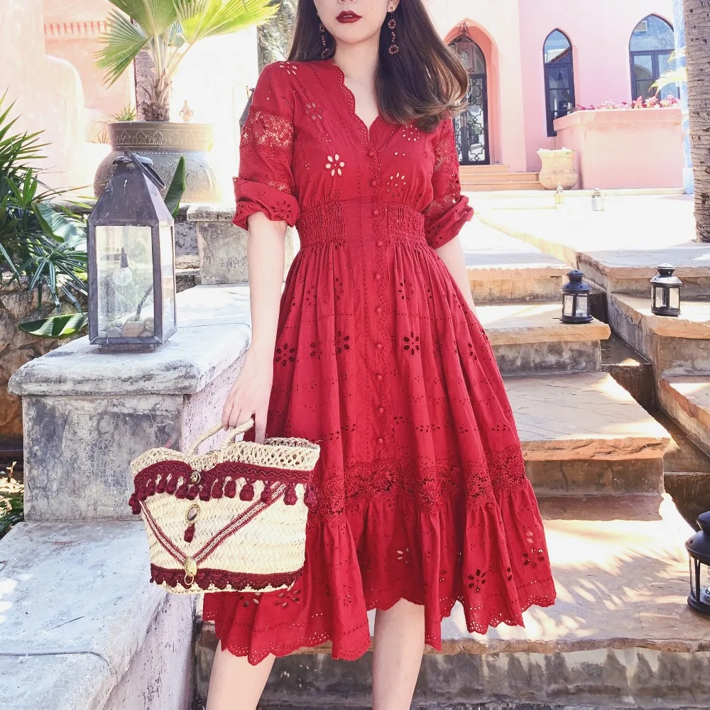 LYNETTE'S CHINOISERIE Spring Summer Romantic French Vintage Exquisite Embroidery Hollow Out Lace Cotton Red V-neck Dresses
LYNETTE'S CHINOISERIE Spring Summer Romantic French Vintage Exquisite Embroidery Hollow Out Lace Cotton Red V-neck Dresses