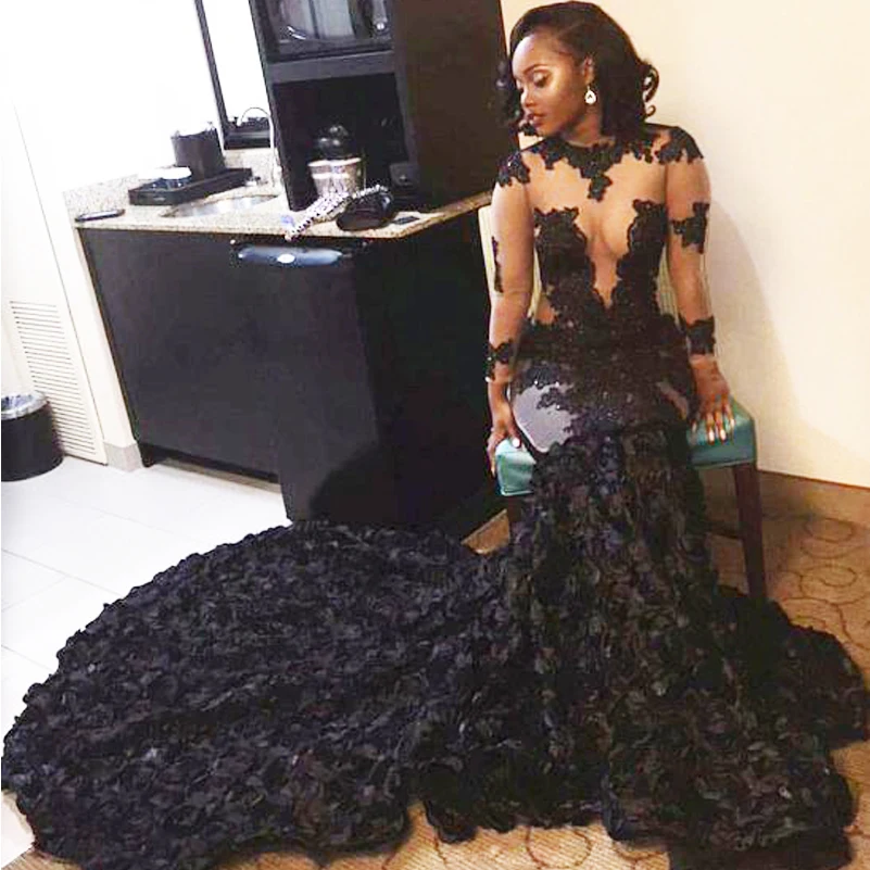 hot sexy mermaid prom dress long 3D flower black graduation for girls floor length gowns vestidos de noiva longo | Свадьбы и