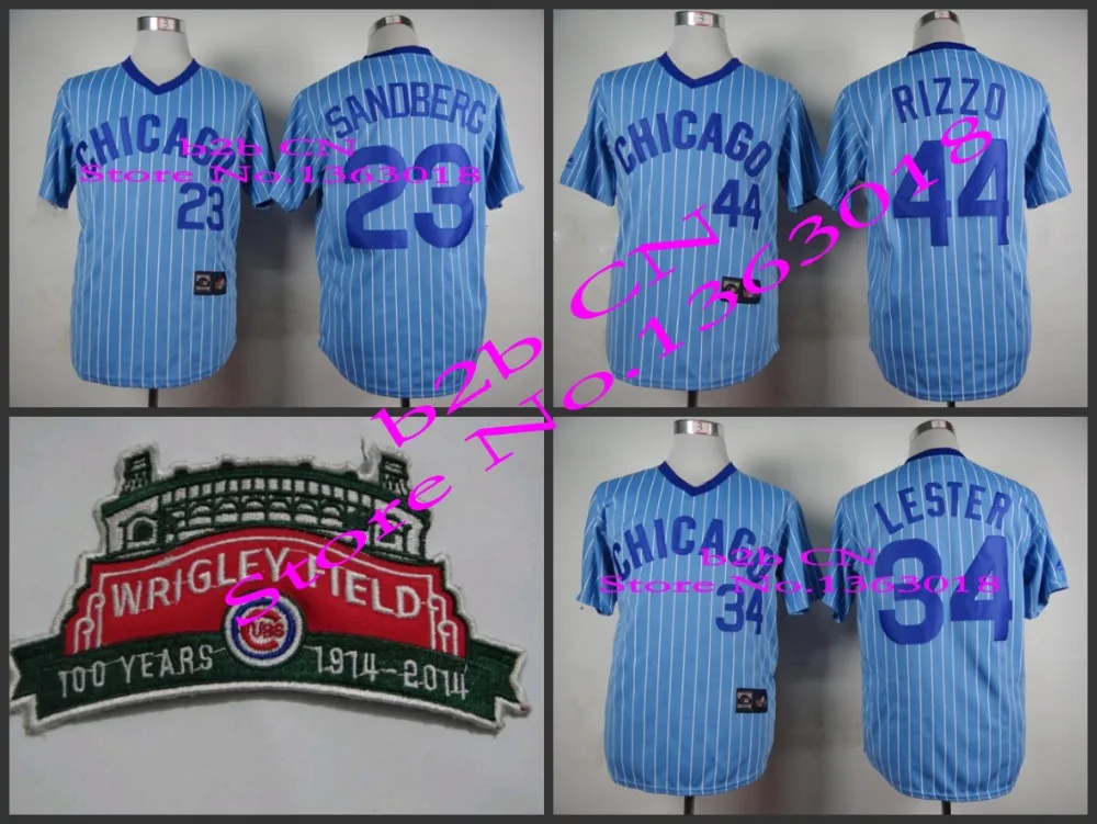 Mens turn back wrigle field blue strip Chicago Cubs 23 Ryne Sandberg 34 Jon Lester 44 Anthony Rizzo throwback baseball jerseys | Спорт и