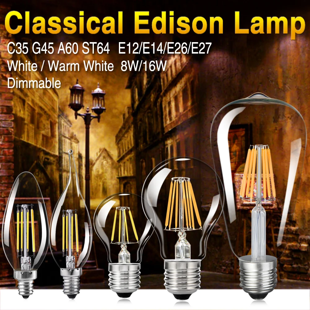 LED Filament Bulb E14 C35 LED Bulb E27 G45 A60 ST64 Edison Light 110V 220V 4W 8W 12W 16W Antique Retro Vintage Glass Bulb Lamp
LED Filament Bulb E14 C35 LED Bulb E27 G45 A60 ST64 Edison Light 110V 220V 4W 8W 12W 16W Antique Retro Vintage Glass Bulb Lamp