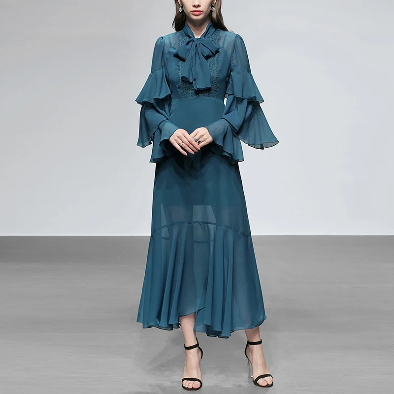 2019 Blue Runway Designer Dress Women Elegant Vintage Bow Flare Sleeve Layer Ruffles Pleated Long Chiffon Dress vestidos
2019 Blue Runway Designer Dress Women Elegant Vintage Bow Flare Sleeve Layer Ruffles Pleated Long Chiffon Dress vestidos