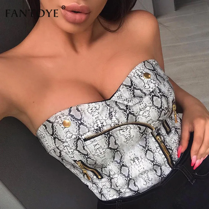 Fantoye Sexy Strapless Print Snakeskin Zipper Crop Top New Backless Off Shoulder Button Tank Top High Streetwear Women Top Camis
Fantoye Sexy Strapless Print Snakeskin Zipper Crop Top New Backless Off Shoulder Button Tank Top High Streetwear Women Top Camis