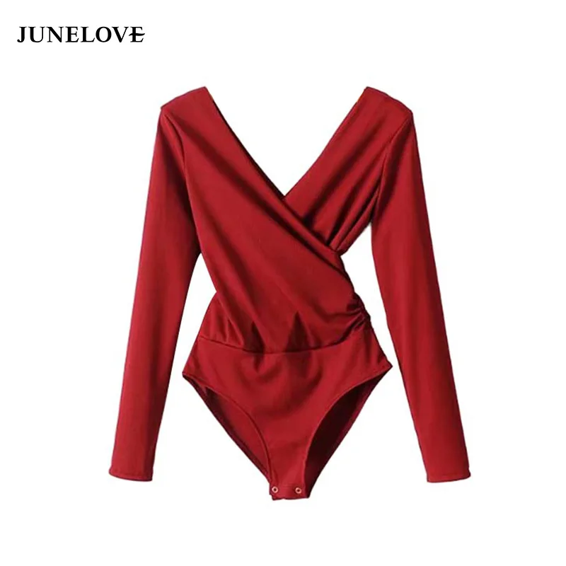 JuneLove women cross V neck knitted bodysuits elastic waist long sleeve stretchy playsuits solid female fashion tops
JuneLove women cross V neck knitted bodysuits elastic waist long sleeve stretchy playsuits solid female fashion tops