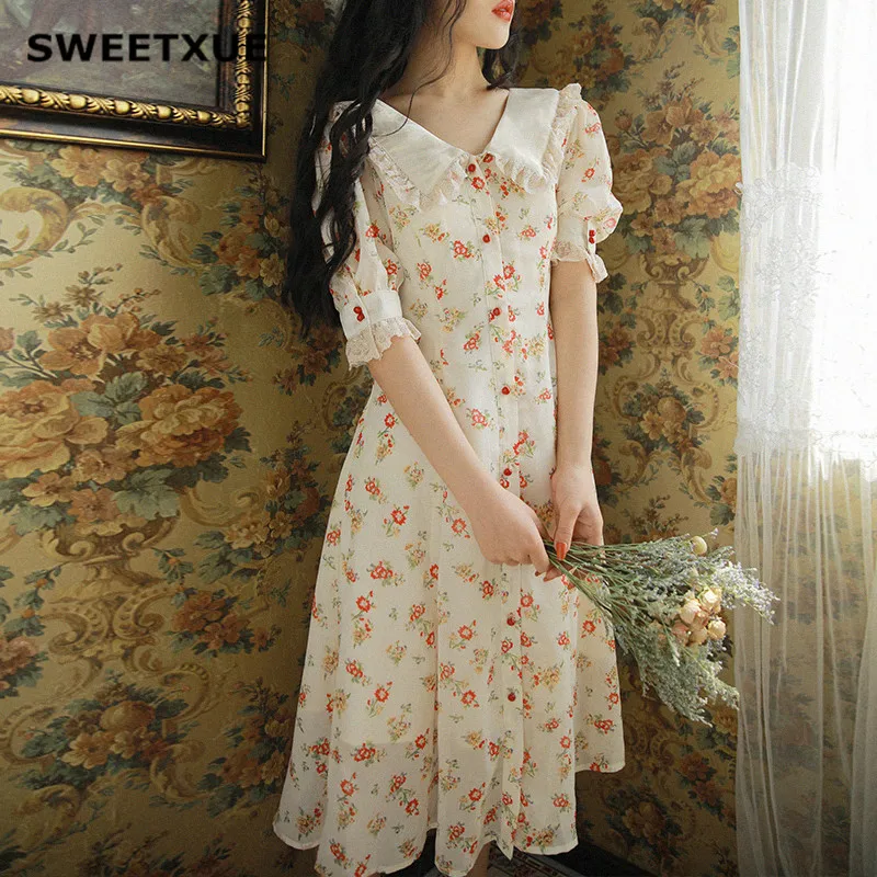 SWEETXUE Summer Elegant Vintage Printed Chiffon Dress V-Neck Lace Stitching High Waist Slim Rural Wind Floral Party Midi Dress
SWEETXUE Summer Elegant Vintage Printed Chiffon Dress V-Neck Lace Stitching High Waist Slim Rural Wind Floral Party Midi Dress