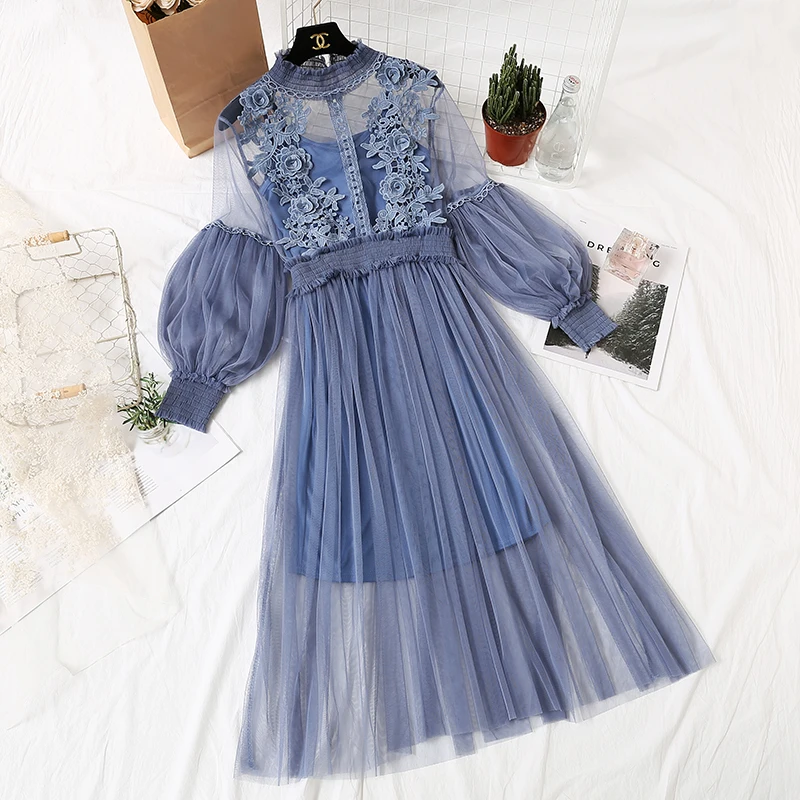 Blue Stand Neck Long Sleeve Mesh Mid Calf Dress  