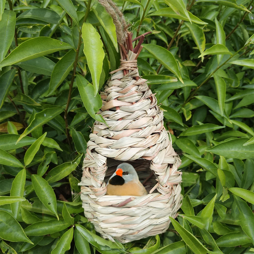 Hanging Bird House Feeder Nesting Box Parrot Finch Grass Nest Garden Ornament