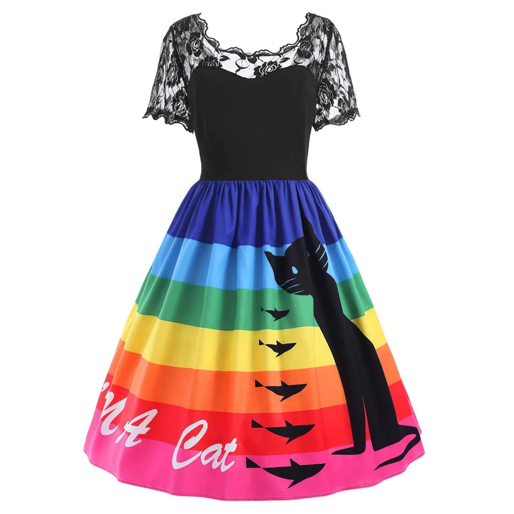 Womens Cat Letters Printing Lace Short Sleeve Party Dress Vintage Lace Dress splice Striped summer colorful Daisy Party saia415
Womens Cat Letters Printing Lace Short Sleeve Party Dress Vintage Lace Dress splice Striped summer colorful Daisy Party saia415