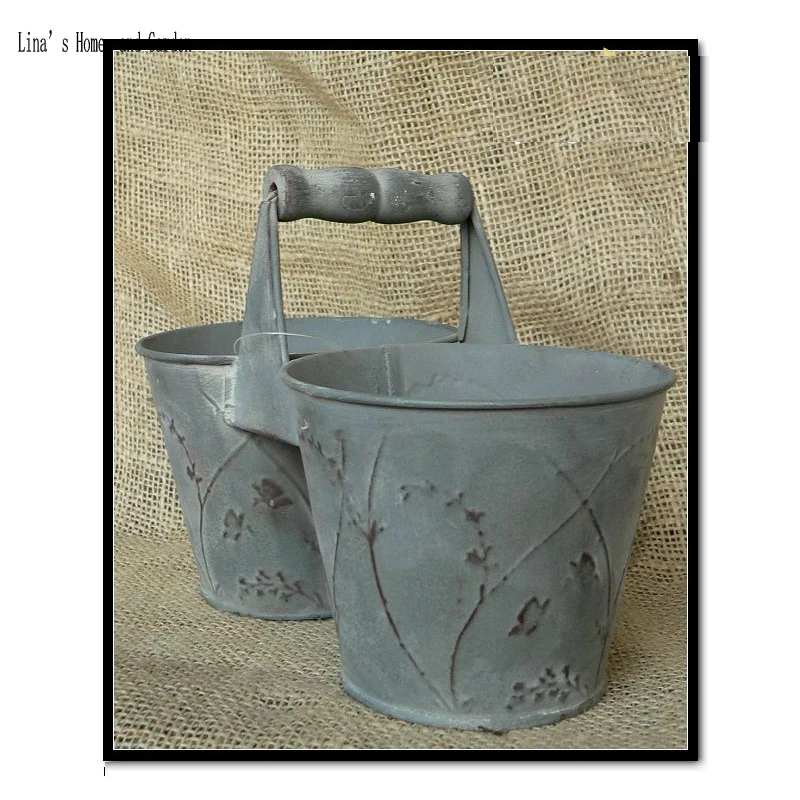 retro antique metal handcrafted double flower pot with handle (6)