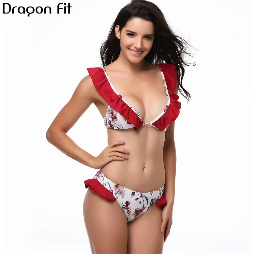 Женский купальник-бикини Dragon Fit красный бандажный костюм с рюшами и цветочным