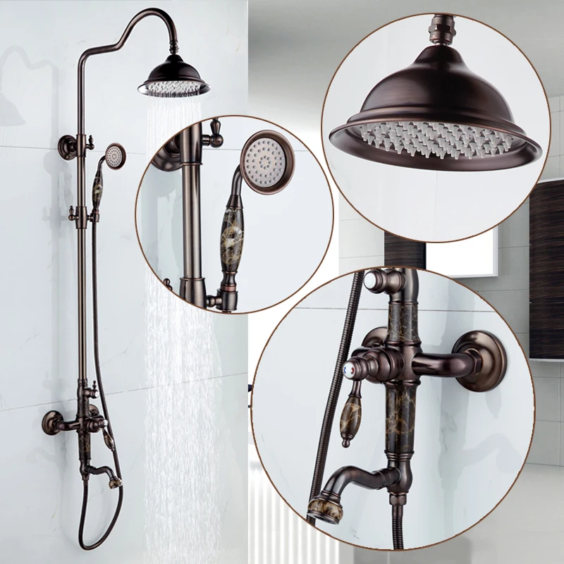 

NEWEST Luxury Jade Deco Oil Rubbed Bronze Bath Rainfall Shower Faucet Set Tub Mixer Tap shower faucet with Hand Spray 2 Colors