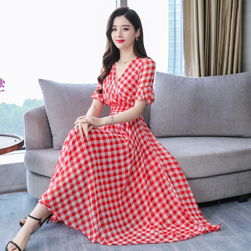2019 Summer New Arrival Plus Size M-3XL V Collar Short Sleeve Plaid Woman Chiffon Long Dress Bohemian Beach Style
2019 Summer New Arrival Plus Size M-3XL V Collar Short Sleeve Plaid Woman Chiffon Long Dress Bohemian Beach Style