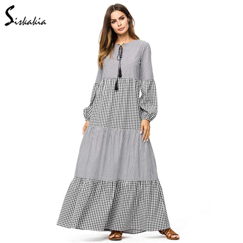 Siskakia Fashion plaid stripe patchwork maxi long dress Lantern sleeve tassel drawstring ruffles draped patchwork dresses Autumn
Siskakia Fashion plaid stripe patchwork maxi long dress Lantern sleeve tassel drawstring ruffles draped patchwork dresses Autumn