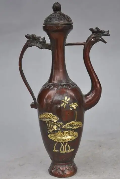 S00563 10"marked Chinese Bronze gilt lotus Dragonfly dragon statue Wine Tea Pot Flagon (B0413)
S00563 10"marked Chinese Bronze gilt lotus Dragonfly dragon statue Wine Tea Pot Flagon (B0413)
