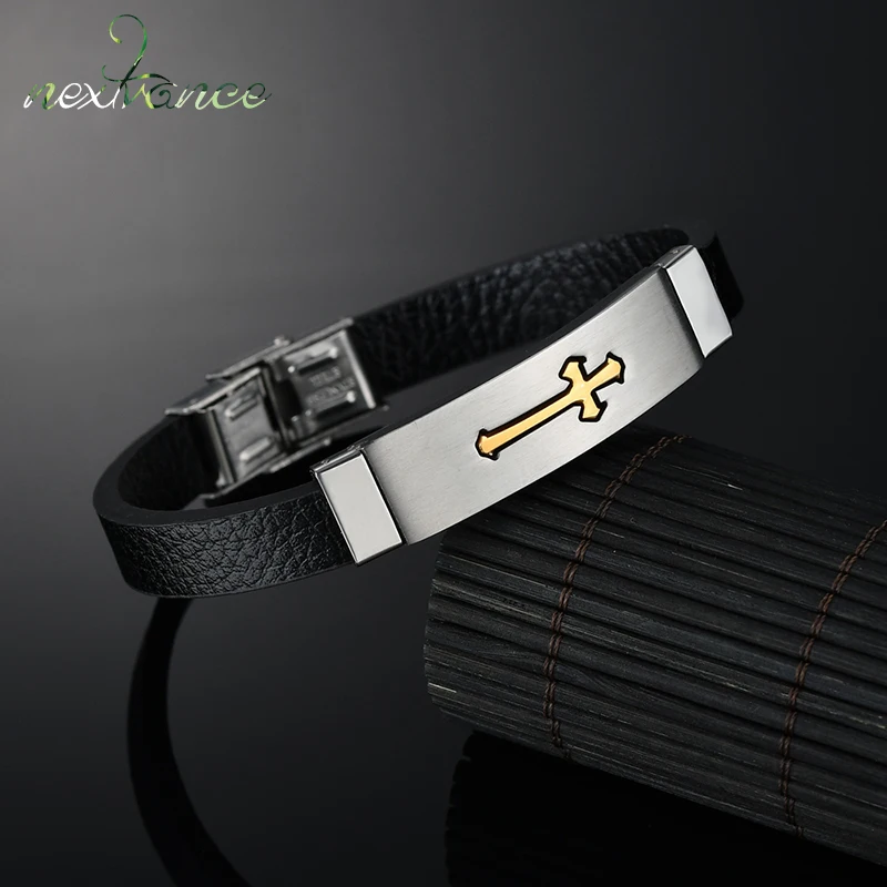 Nextvance Punk Gold Black Cross Leather Bracelet Bff Jesus Crucifix Amulet Bracelets for Christmas Gift Armband Heren | Украшения и