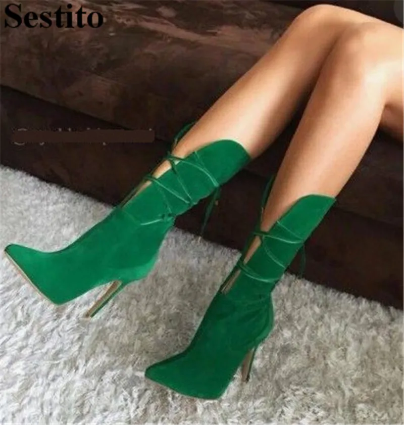 Sexy Green Flock Cross-tied Short Boots Pointed Toe Super High Thin Heels Mid-calf Boots For Women Lace-up Casual Women's Shoes
Sexy Green Flock Cross-tied Short Boots Pointed Toe Super High Thin Heels Mid-calf Boots For Women Lace-up Casual Women's Shoes