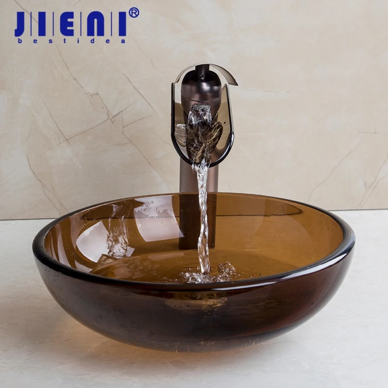 

JIENI Tall Black Basin Tap Bathroom Sink Washbasin Glass Hand-Painted Lavatory Bath Sink Combine Set Torneira Mixer Faucet