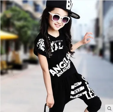 

Hip-Hop Style 2019 Summer Girls Fashion Short-Sleeve Dancing Clothing Set Kid Tees Harem Pant Twinset Children Sport Clothes G19