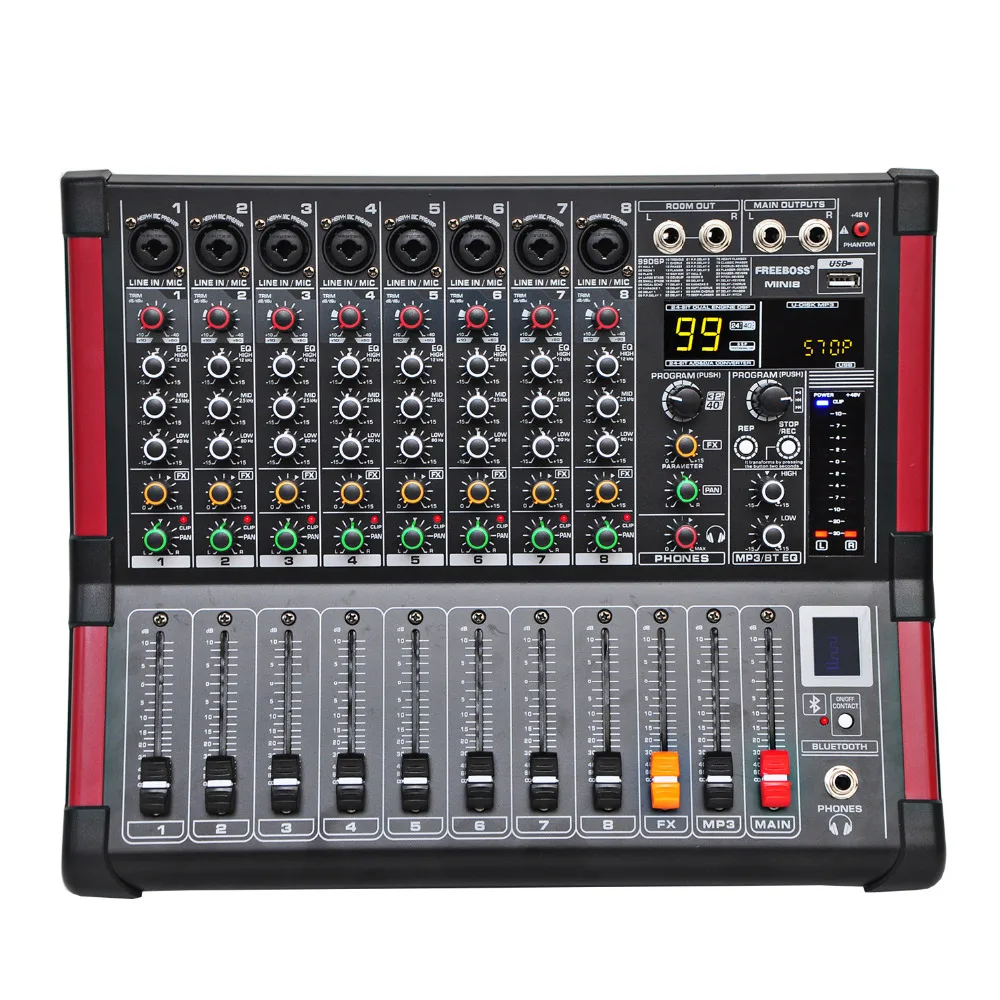 

Freeboss MINI8 8 Channels (Mono) Mixing Console with Bluetooth Record 99 DSP effect USB Function Professional Audio Mixer