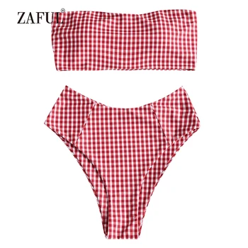 

ZAFUL Bandeau Bikini Plaid Swimwear Women High Waisted Swimsuit Sexy Strapless Padded Checkered Bathing Suit High Rise Biquni