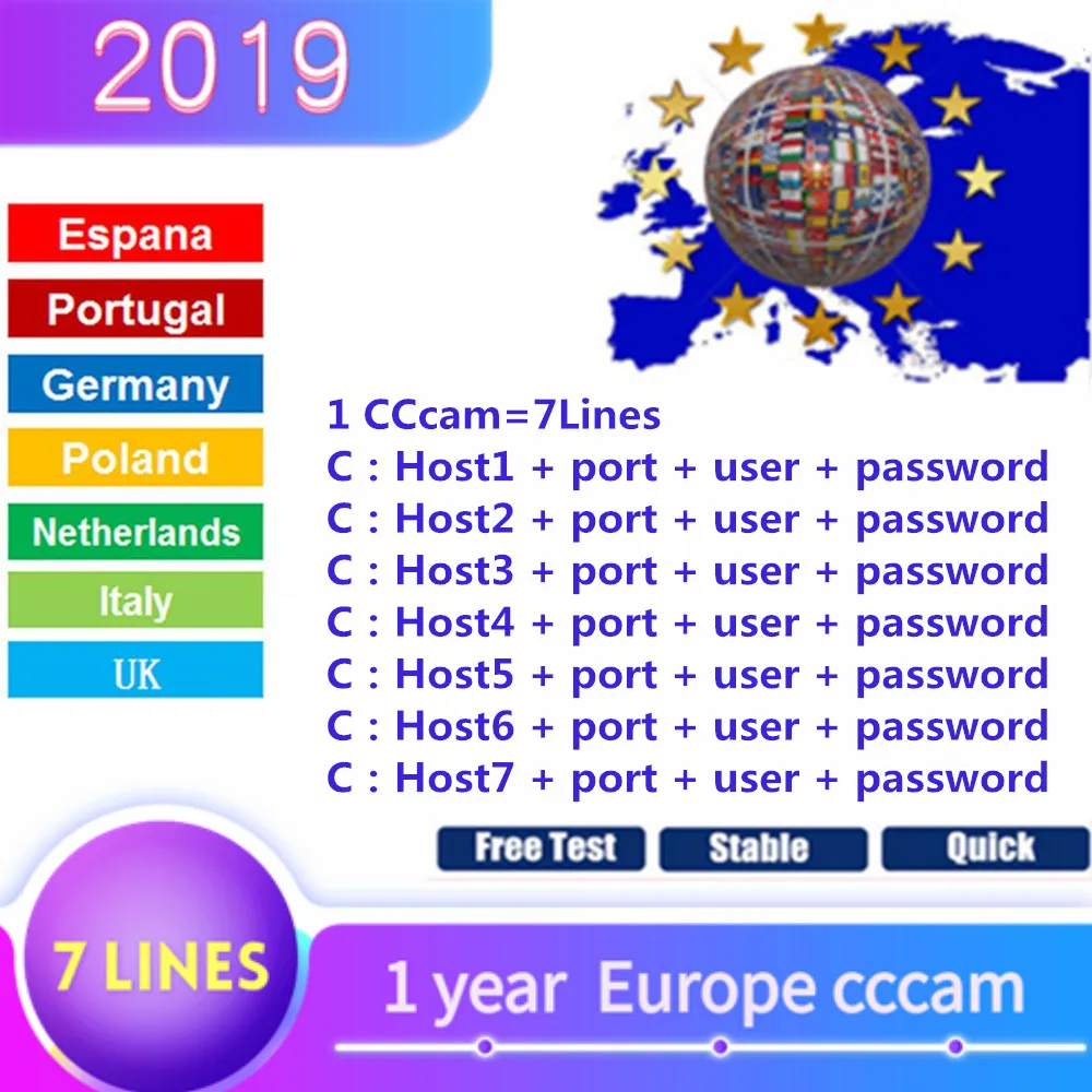 1 Year Europe Server Cccam Account 7 lines Cline For Freesat V8 V7Super full HD DVB S2 Satellite TV Receiver service Italy Spain
1 Year Europe Server Cccam Account 7 lines Cline For Freesat V8 V7Super full HD DVB S2 Satellite TV Receiver service Italy Spain