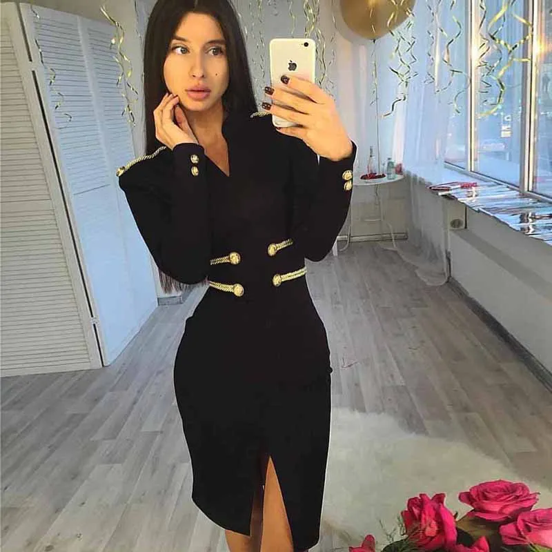 Фото Erdaoben модное офисное женское облегающее платье черное с v - купить