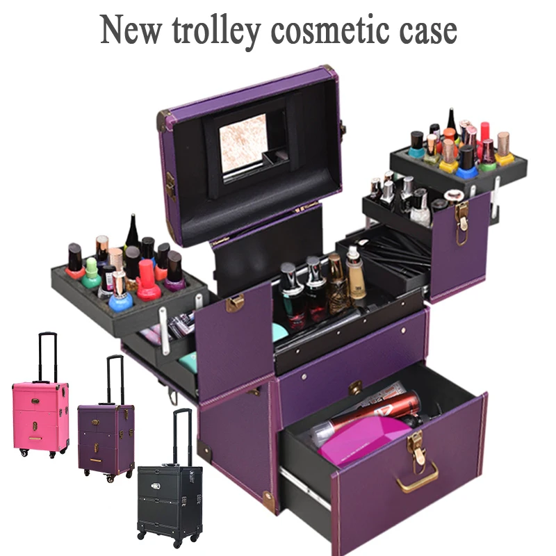 

Women New Trolley Cosmetic case Suitcase on Wheels,Nails Makeup Toolbox,Multifunction Beauty Box Travel bag vs Rolling Luggage