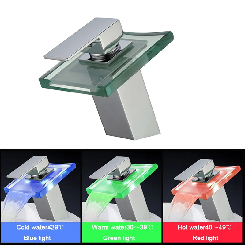 

Bathroom LED Faucet Waterfall Basin Glass Faucet Single Hand Single Hole Mixer Tap Sink Faucet 3 Colors Changing,Chrome Finish