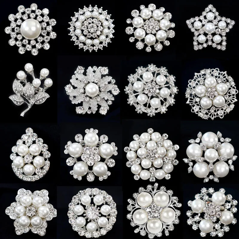 

Fashion Women Large Brooches Lady Snowflake Imitation Pearls Silver Rhinestones Crystal Wedding Brooch Pin Jewelry Accessorise