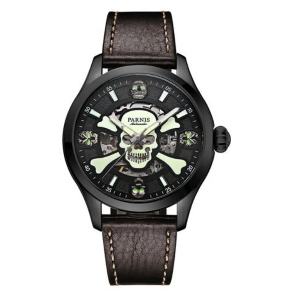 42mm Parnis Men's Automatic Mechanical Watch PVD Black Case Luminous Skull Dial
42mm Parnis Men's Automatic Mechanical Watch PVD Black Case Luminous Skull Dial