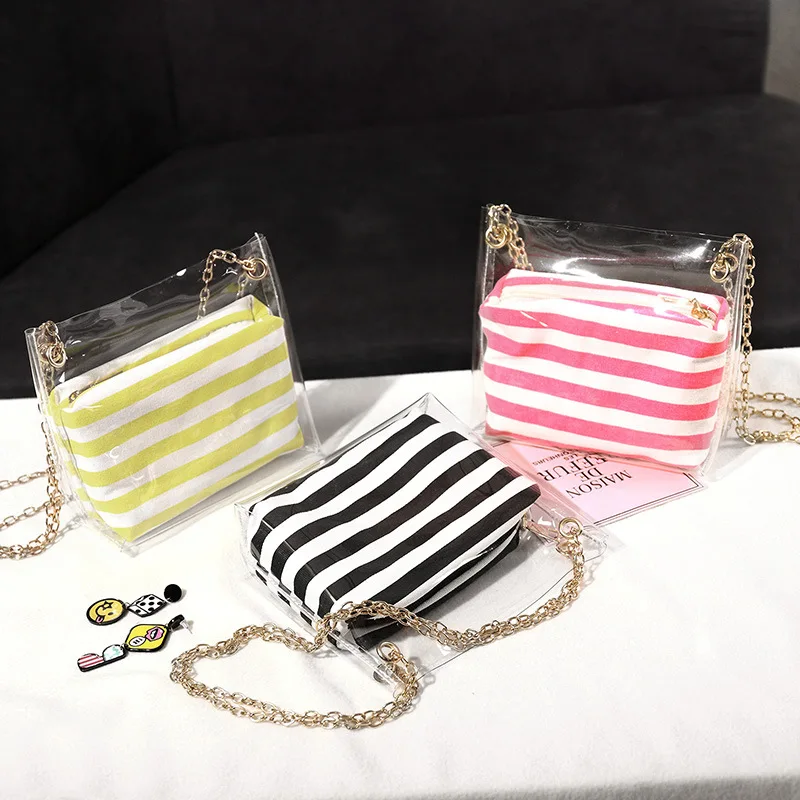 2019 new Clear PVC jelly shoulder bag Transparent handbag with Stripe chain bucket bag mobile phone Messenger bag
2019 new Clear PVC jelly shoulder bag Transparent handbag with Stripe chain bucket bag mobile phone Messenger bag