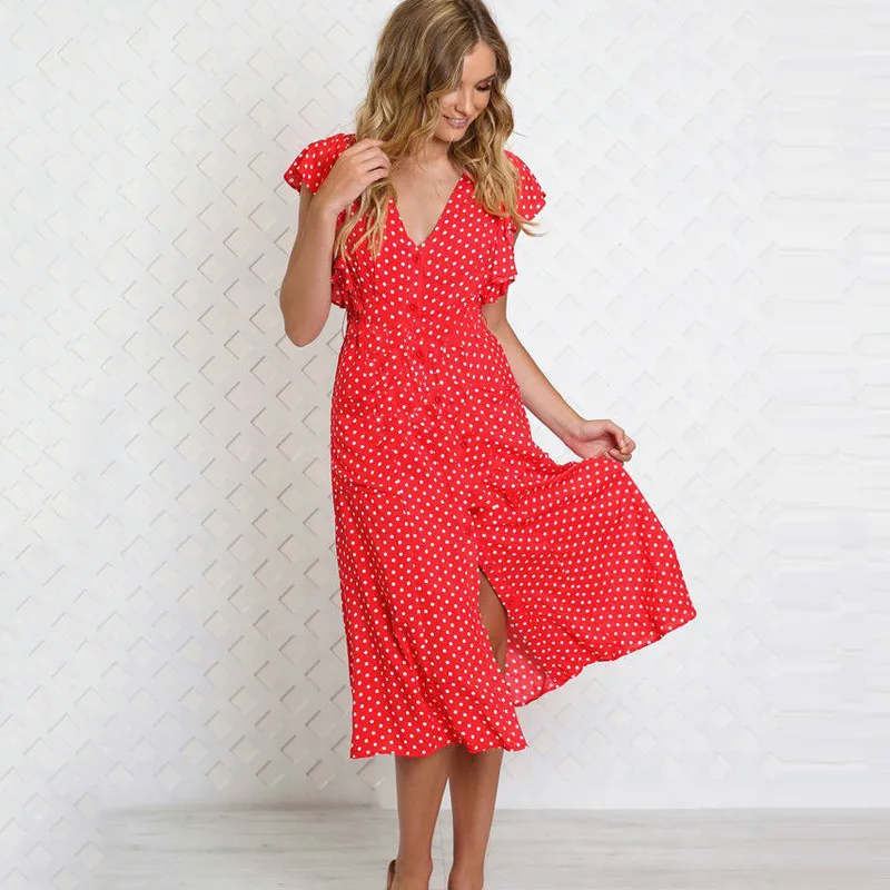 2019 Women Dress Polka Dot Printed V Neck Ruffled Short Sleeve Button Midi Long Dress Summer Black Slim Beach Dress High Waist
2019 Women Dress Polka Dot Printed V Neck Ruffled Short Sleeve Button Midi Long Dress Summer Black Slim Beach Dress High Waist