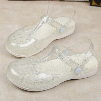 Women's sandals shiny crystal jelly shoes summer thick bottom Baotou hole beach sandals.
Women's sandals shiny crystal jelly shoes summer thick bottom Baotou hole beach sandals.