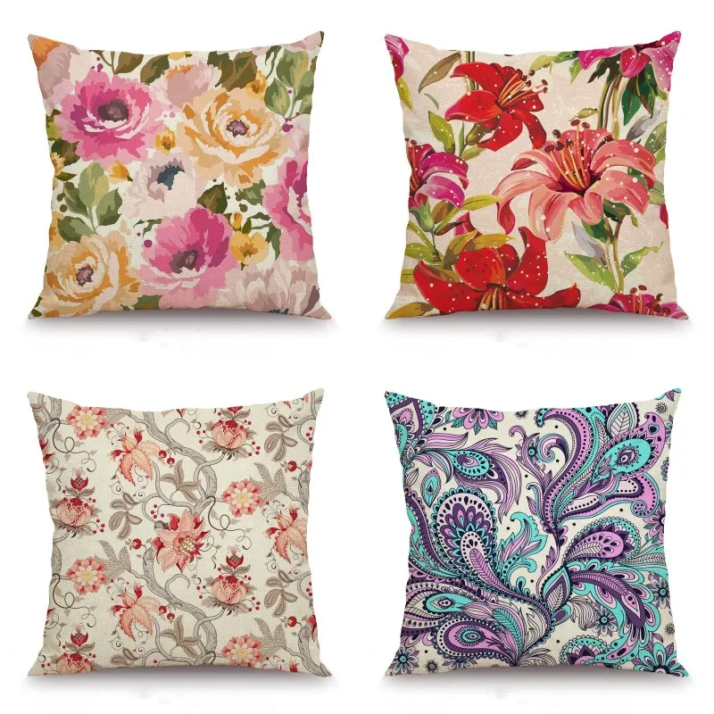 

XUNYU Linen Pillowcase Sofa Decorative Pillow Cover Cartoon Flower Patterns Square Cushion Cover 45X45cm KQ48