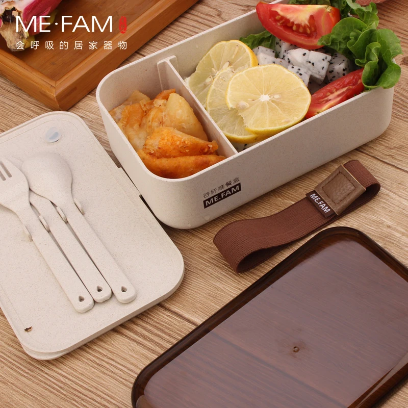 Фото ME.FAM New Health Natural Eco-Friendly Chaff Rice Husk fiber Lunch Box With Fork Knife Spoon Handbag For Kids Microwave Bento | Дом и сад