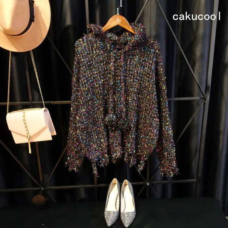 Cakucool New Gold Silver Lurex Sweater Autumn Hooded Long Sleeve Jumpers Ripped Holes Bling Casual Knit Pull Sweaters Top Female
Cakucool New Gold Silver Lurex Sweater Autumn Hooded Long Sleeve Jumpers Ripped Holes Bling Casual Knit Pull Sweaters Top Female