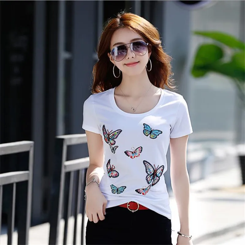 KEQI Women's butterfly beads Rhinestone Sequined cotton T-shirts Female Diamond Sequins 2019 summer new short sleeved tshirt top
KEQI Women's butterfly beads Rhinestone Sequined cotton T-shirts Female Diamond Sequins 2019 summer new short sleeved tshirt top