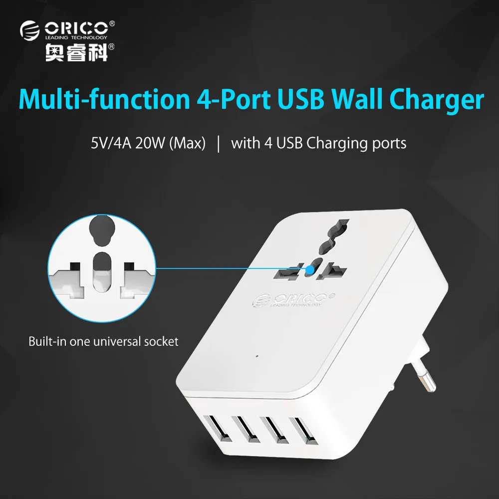 ORICO Universal 20 W Multi-Outlet Power Strip 1 AC Power Socket 4 USB Outlets Travel Converting Adapter for Smart Phone Tablet
ORICO Universal 20 W Multi-Outlet Power Strip 1 AC Power Socket 4 USB Outlets Travel Converting Adapter for Smart Phone Tablet